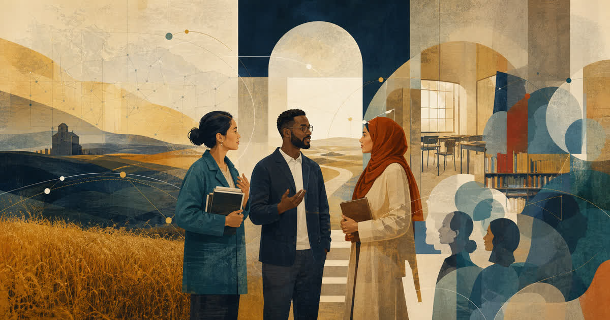 Three educators in conversation between a prairie landscape and a classroom